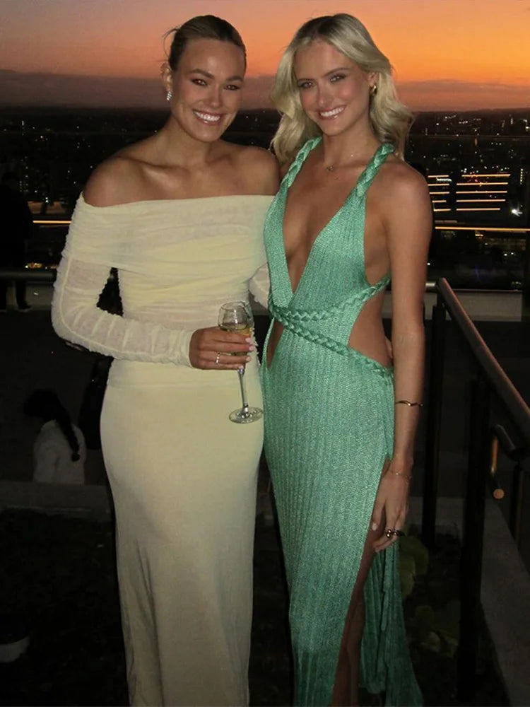 Knitted Halter Over Long Dresses Camisole V-Neck Hollow Out Strap Waist Cinching Slimming Split Beach Long Dresses Crochet Robes