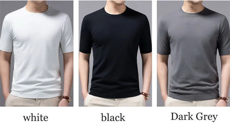 Superfine Merino Cashmere Knitted O-neck T-shirt for Men's Clothing Short Sleeve Tee Solid Color Trend Leisure Tee Tops ﻿