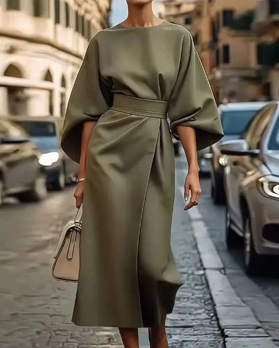 2025 Spring/Summer New Elegant Women's Dress Fashion Casual Solid Color Waist Round Neck Bat Sleeve Long Dress