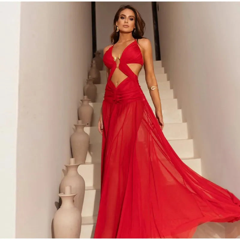 Metal Decorative Halter Long Dress Woman Hollow Out Backless Solid Color Pleated Robe Vacation Beach Women's Perspective Dresses