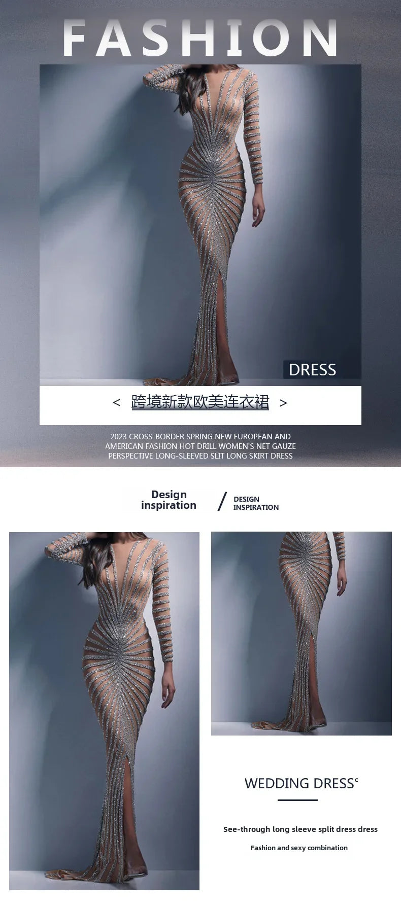 2024 New Spring Fashionable Embellished Women's Mesh Dress Long Sleeve Side Slit Long Dress For Women