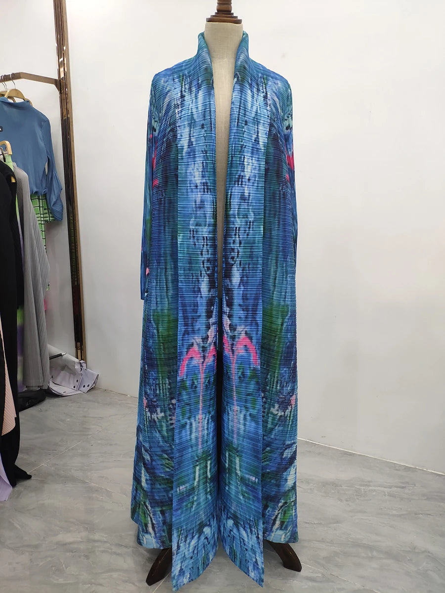Miyake Pleated V-neck Batwing Sleeve Printed Dress Women Designer Abaya Fashion Summer Elegant Causal Loose Long Dress