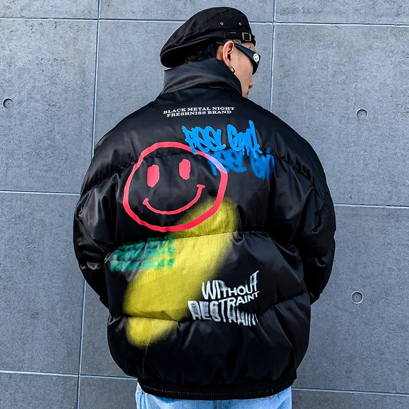 2025 Hip Hop Jacket Parka Happy Graffiti Print Men Windbreaker Streetwear Harajuku Winter Padded Jacket Coat Warm Outwear Thick