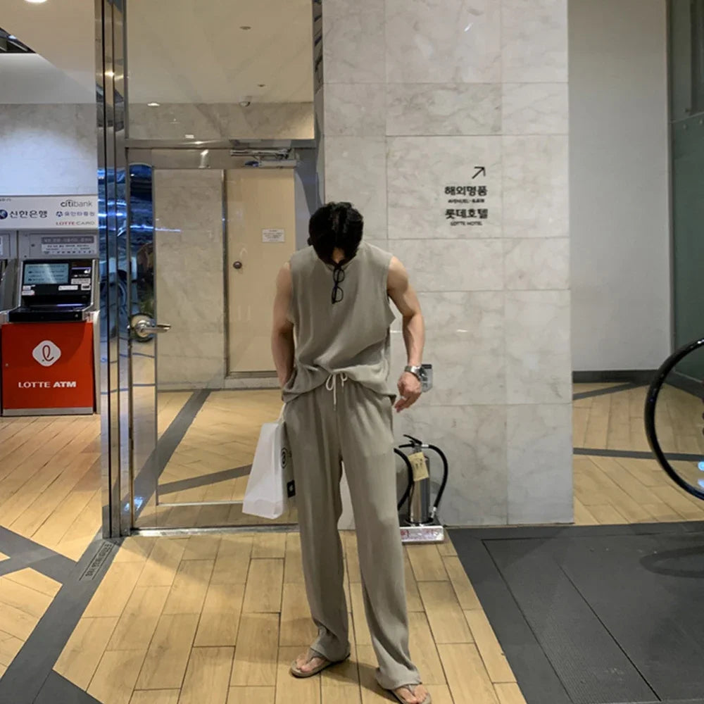 New Summer Clothing Mens Casual Tank Tops Set Luxury Korean Streetwear O Neck Solid Drape Vest and Trousers 2 Piece Suit