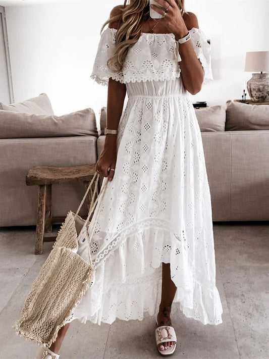 Women Bohemian White Long Dress Short Sleeve Off Shoulder Lace Ruffle Loose Dress Summer Holiday Beach Casual Dresses Female