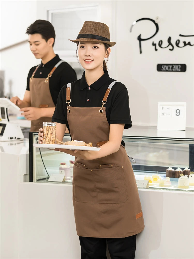 Men's Women's Kitchen Apron Custom Logo Catering Server Work Aprons Nails Hairdressing Mandil Restaurant Cafes Bar Waiter Bibs