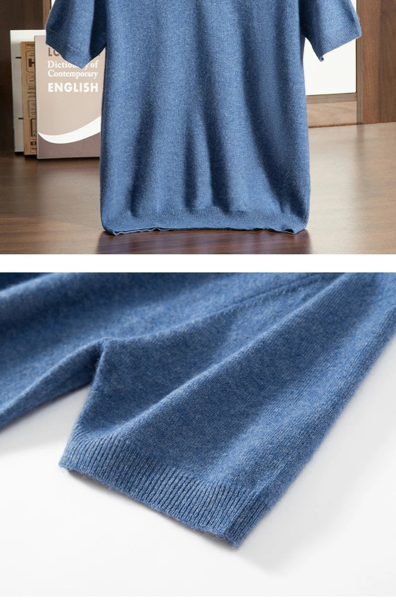 High End Men's 100% Cashmere T-shirt POLO Collar Pullover Shirt Casual Business Knitted Short Sleeved Summer Half Sleeved Top