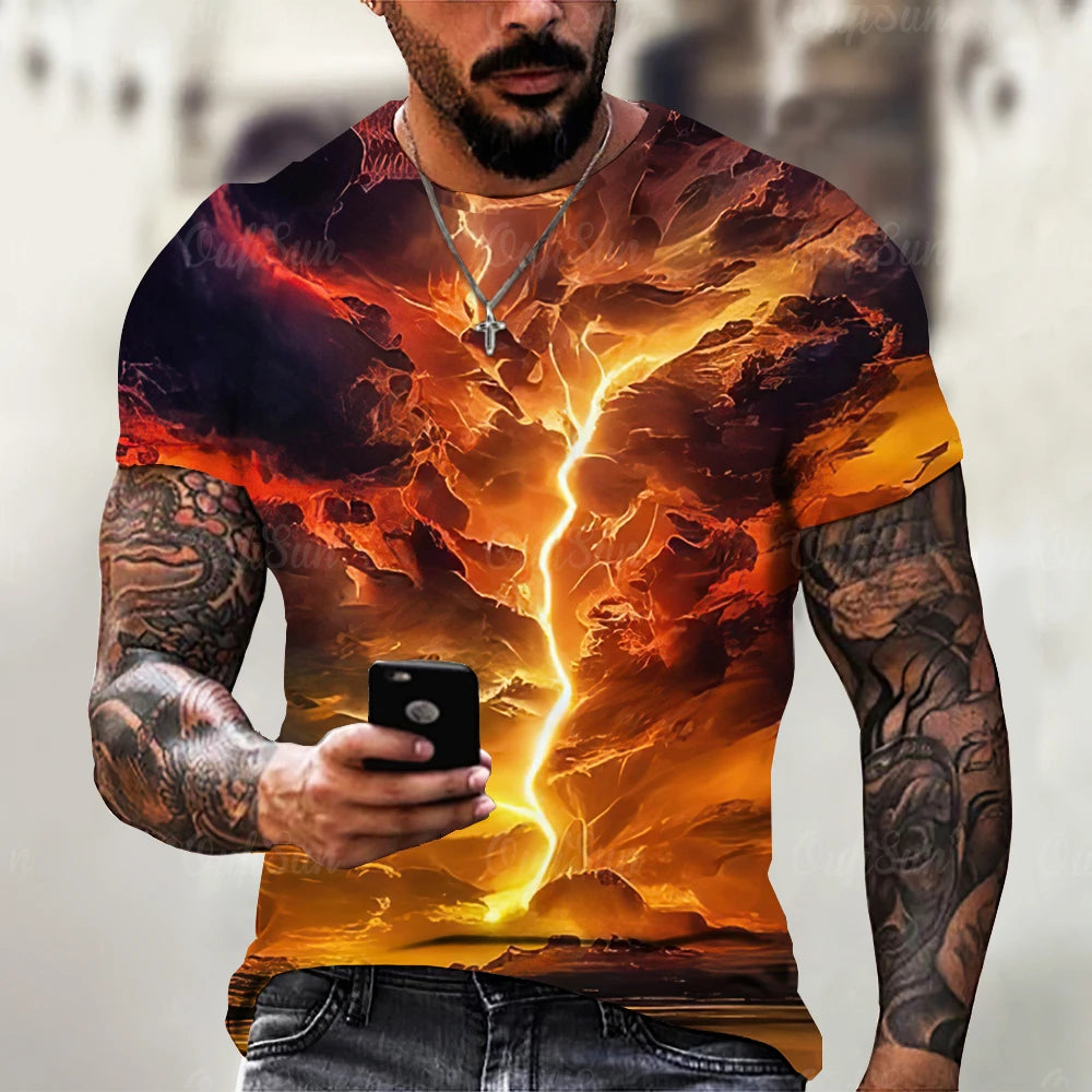 Men's T Shirt 3d Lightning Print Mens Short-Sleeved Tops Summer Street Fashion T-Shirt for Men Casual Tees Oversized Clothing XL