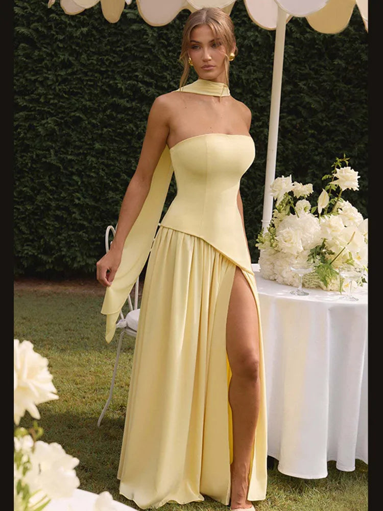 Elegant Yellow Gauze Off Shoulder Scarf Neack Long Dress Women Fashion Sleeveless A-line Vestido 2025 Summer Vocation Party Robe
