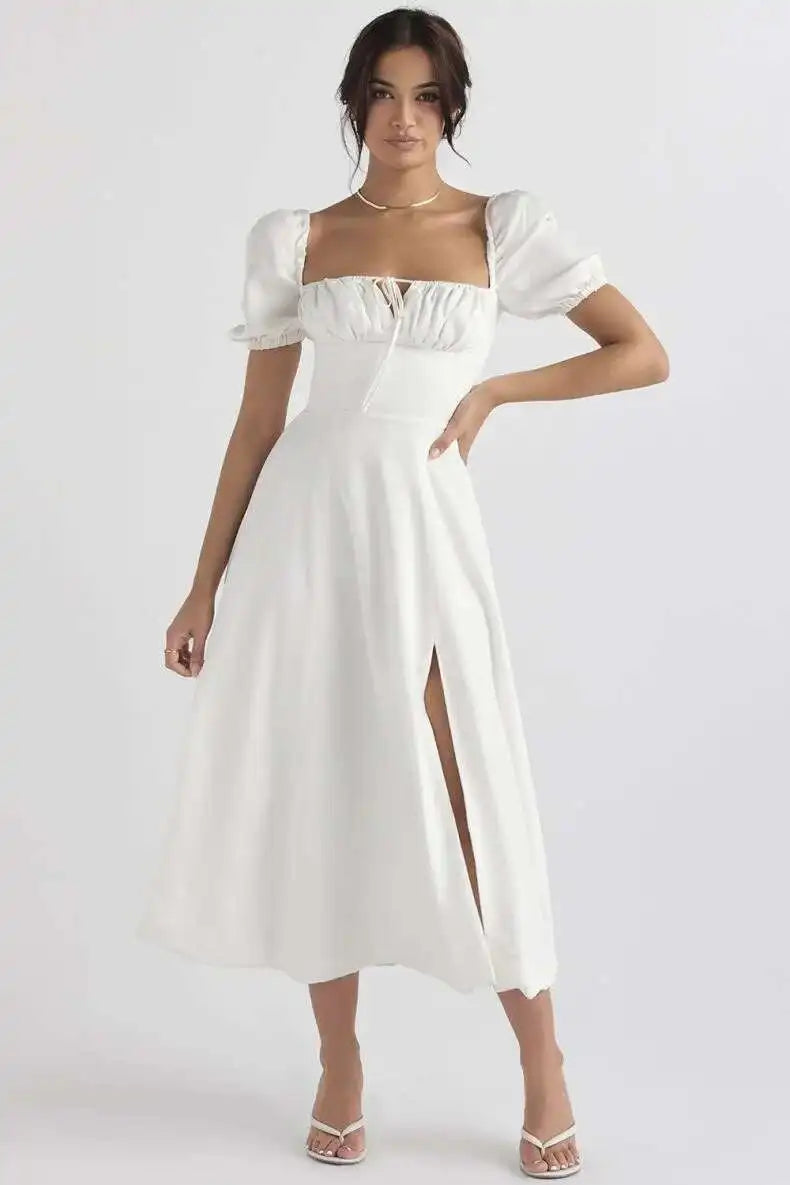 Avrilyaan White Lace Up Pleated Sexy Dress Women 2023 Split Backless Long Summer Dress Vestidos Elegant Holiday Casual Dresses