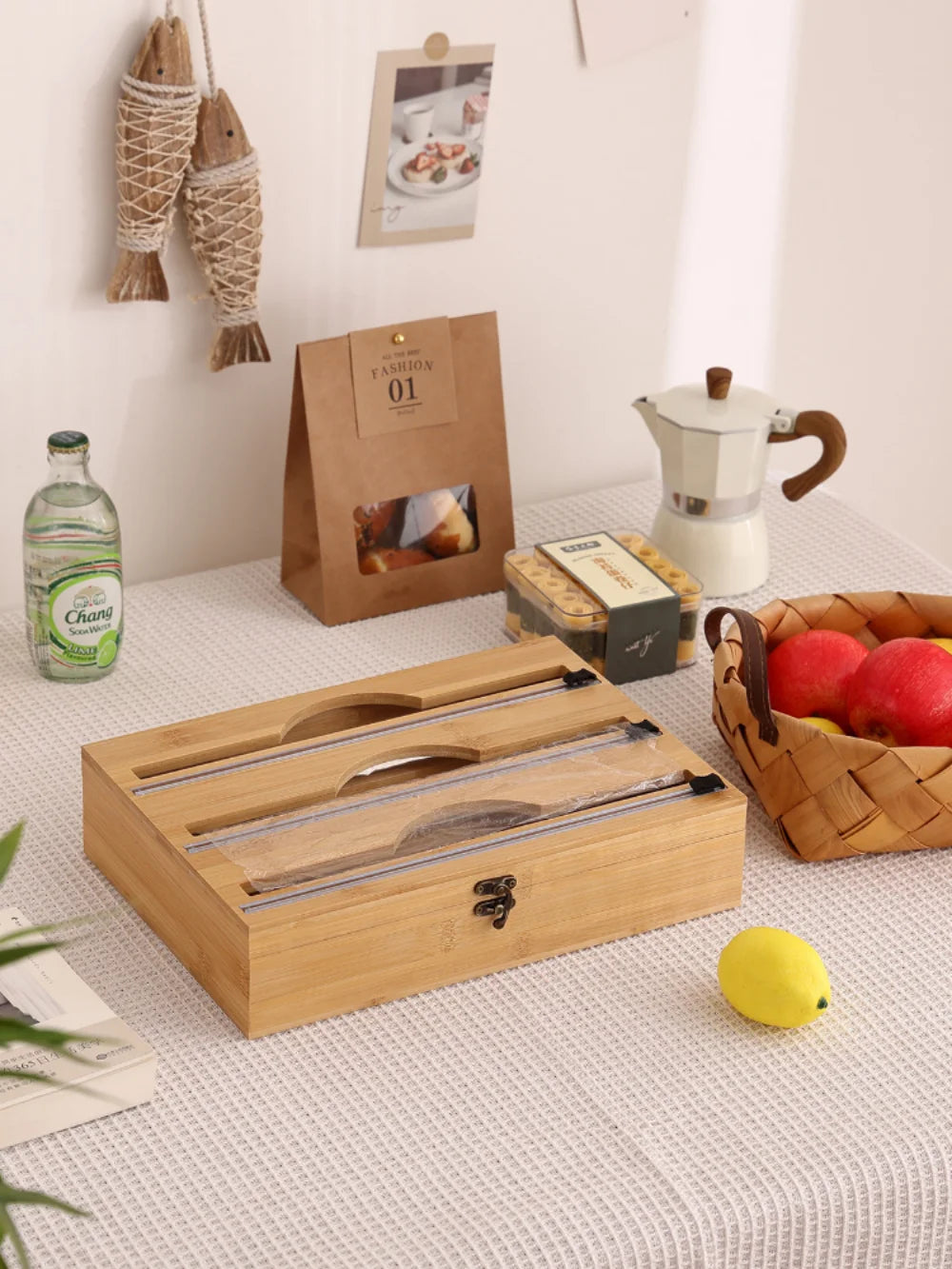 New 3 In 1 Bamboo Wrap Dispenser Storage For Aluminum Foil With Cutter Cling Film Holder Kitchen Accessories Organizer