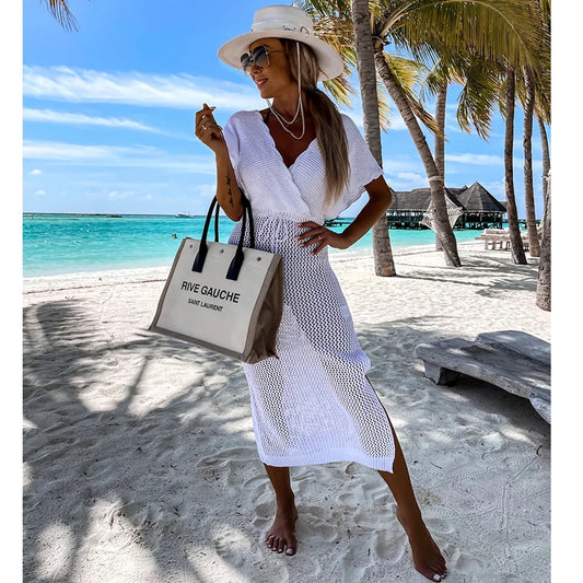 2024 White Crochet Tunic Bikini Cover-ups Sexy Hollow Out Long Dress V neck Women Summer Clothes Beach Wear Knitted Cover Up