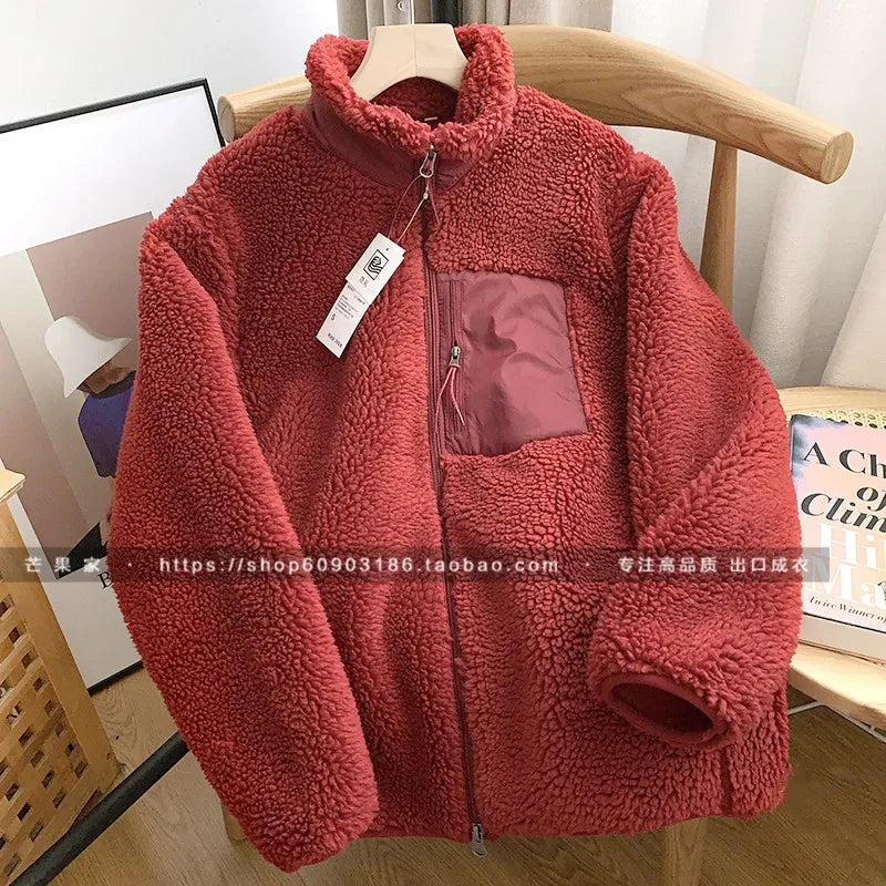 Autumn Winter Lambswool Coat Male Loose Windproof Warm Sherpa Stand Collar Polar Fleece Jacket Unisex Simple  Pocket Spliced Top