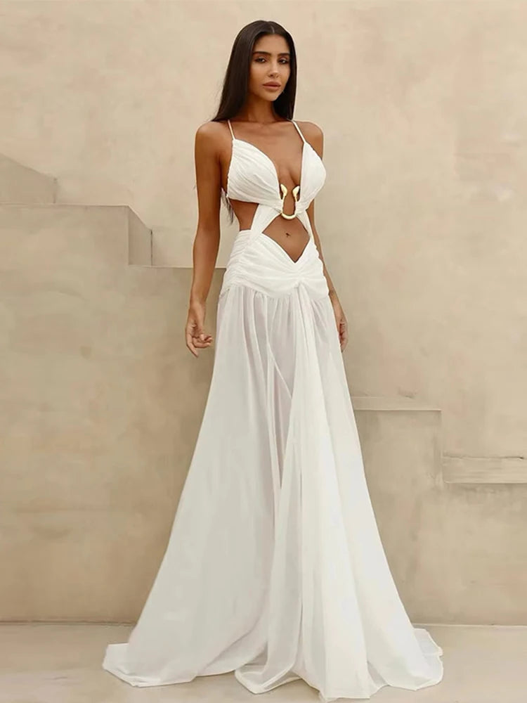 Metal Decorative Halter Long Dress Woman Hollow Out Backless Solid Color Pleated Robe Vacation Beach Women's Perspective Dresses