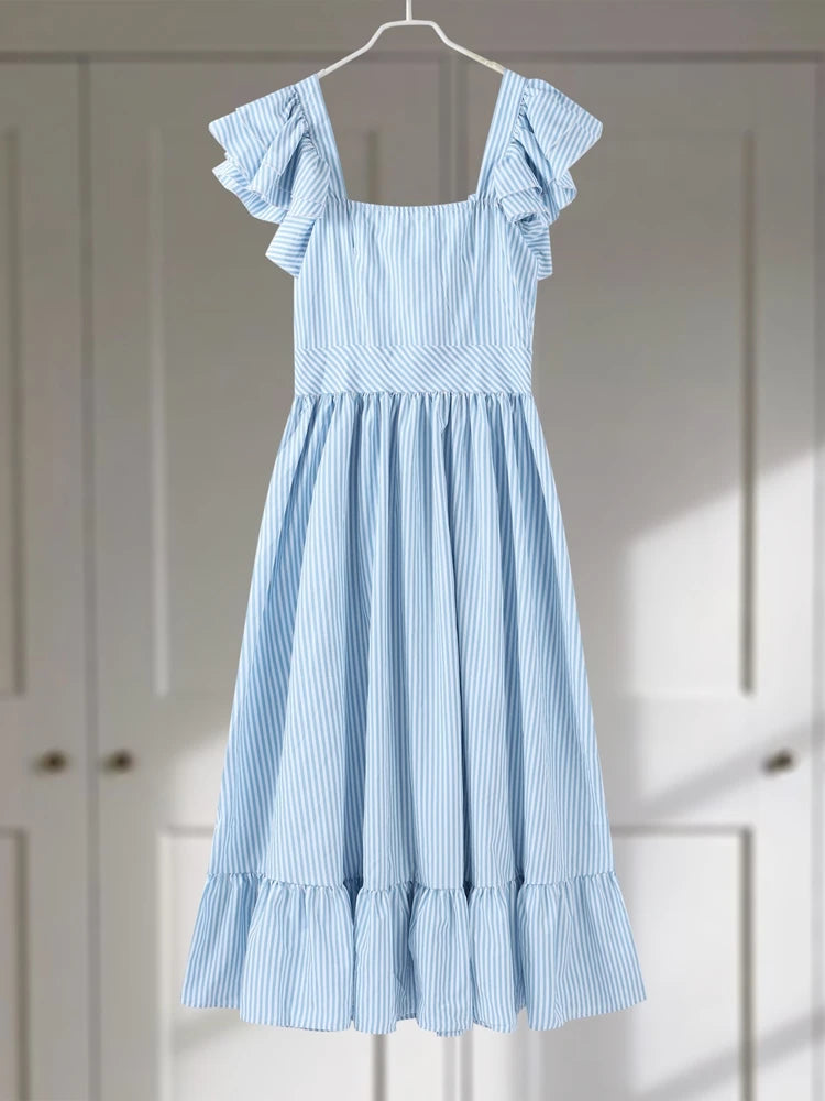 Flying Sleeve Ruffle Striped Slip Long Dress Women Elegant Square Collar Waist Cinching Pleat Party Dresses Chic Ladies Vestido