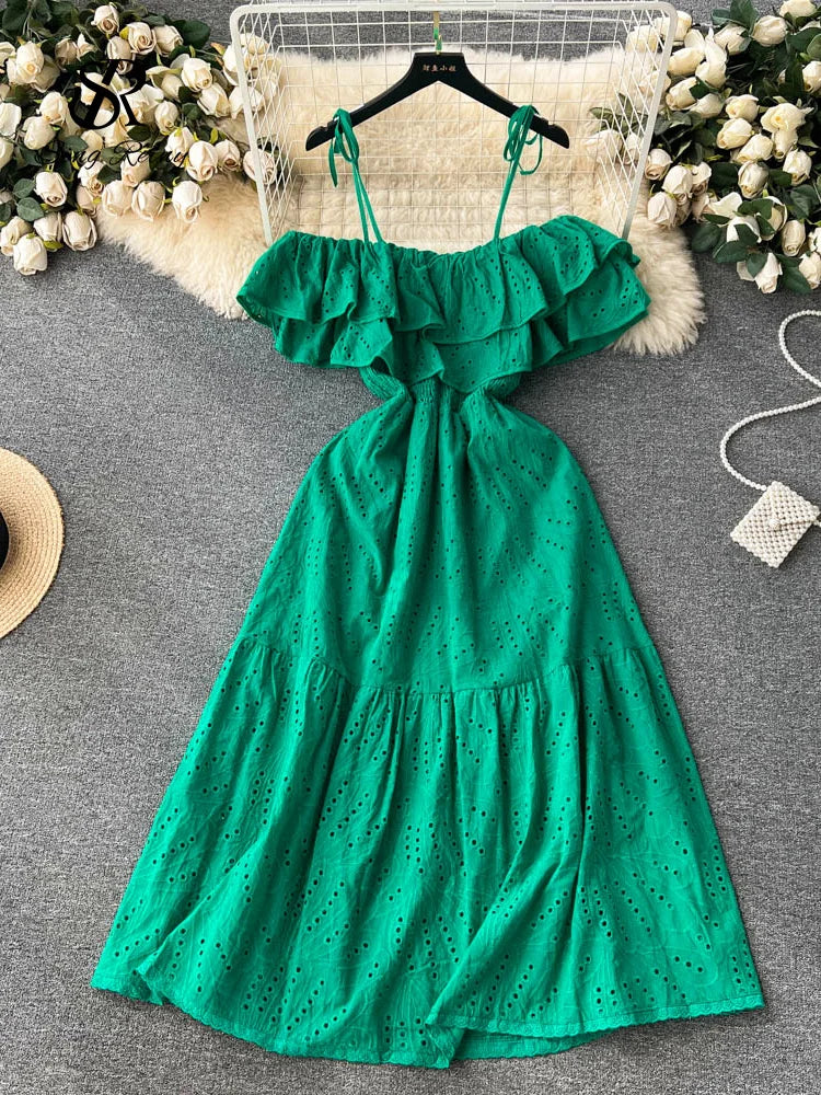 SINGREINY High Street Cotton Embroidery Long Dress Women Hollow Out Backless Beach Sundress Fashion Off the Shoulder Sexy Dress