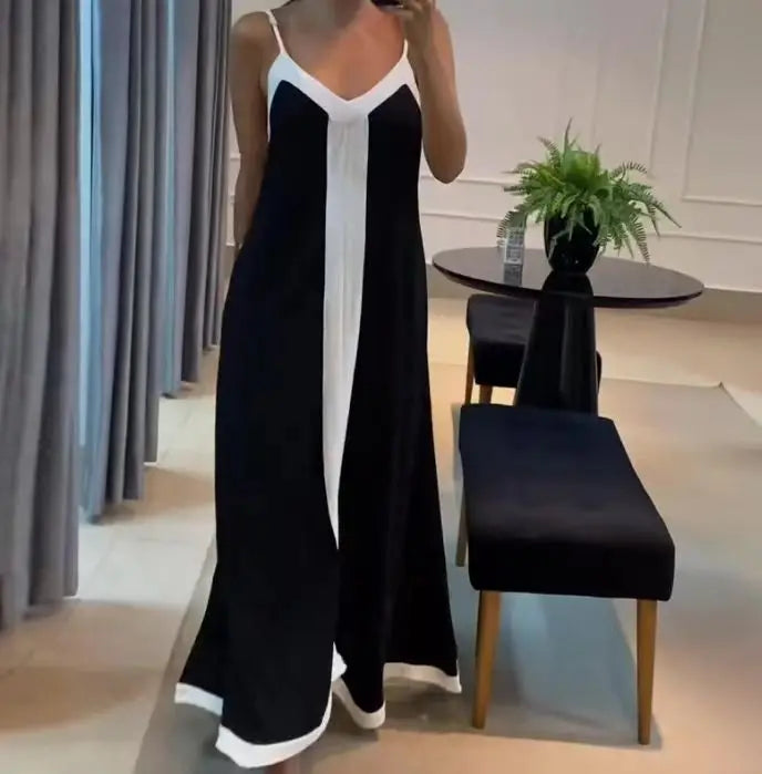 Women Casual V Neck Long Dress Summer Chic Stitching Color Loose Hem Dresses Elegant 2024 Backless Sleeveless Sling Maxi Dresses