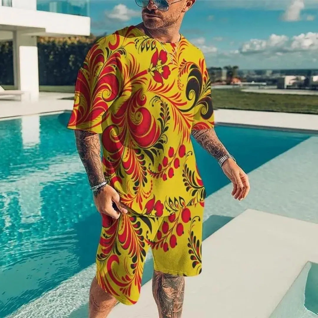 2025 Summer New Men's Luxury Gold Pattern Sportswear 3D Printed Short Sleeve T-shirt Set Fashionable Casual Men's T-shirt Two Pi