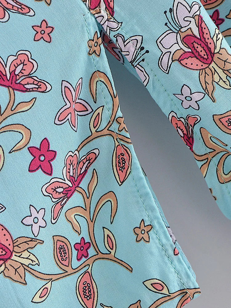 Vintage Chic Women Blue Floral Print Summer Bohemian Kimono Dress Ladies Batwing Sleeves Boho Maxi Bikini Cover-ups Beach Wear