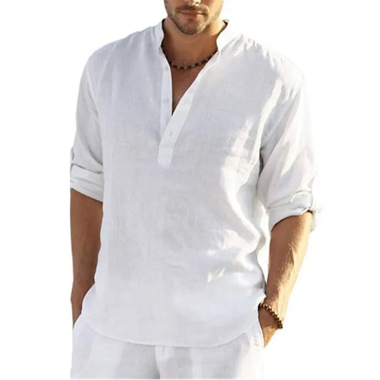 1pcs Summer Men Lightweight Shirt Male Long Sleeve Cotton Linen Shirts Beach Loose Fitting Shir Men's Breathable Collar T Shirt