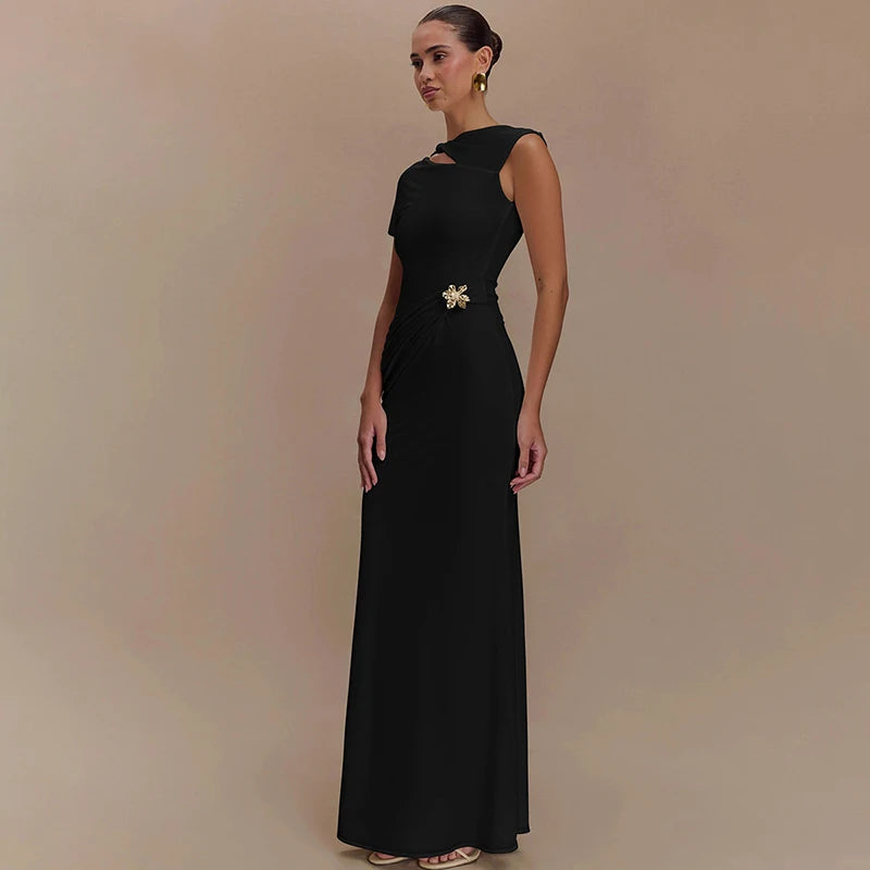 Mozision Hollow Out Backless Sexy Maxi Dress For Women Fashion Metal Buckle Solid Short Sleeve High Waist Slim Fit Long Dress
