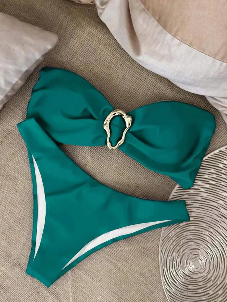 Sexy Solid Strapless Bikini 2 Piece Set Women Split Swimsuit Low Waist Beach Backless Bikini 2025 New Summer Swimwear Bikini Set