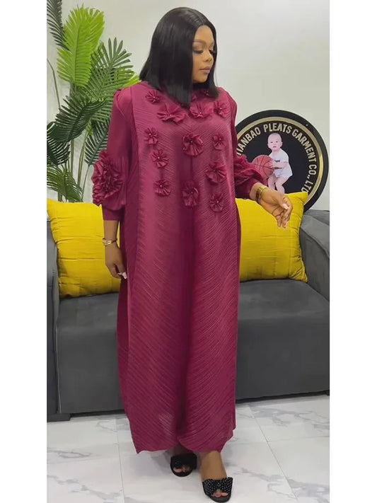 ANLAN Miyake Pleated Maxi Long Dress 3D Flower Splicing Lantern Sleeve Half Turtleneck Formal Dresses for Women 2025 New 5AN9928