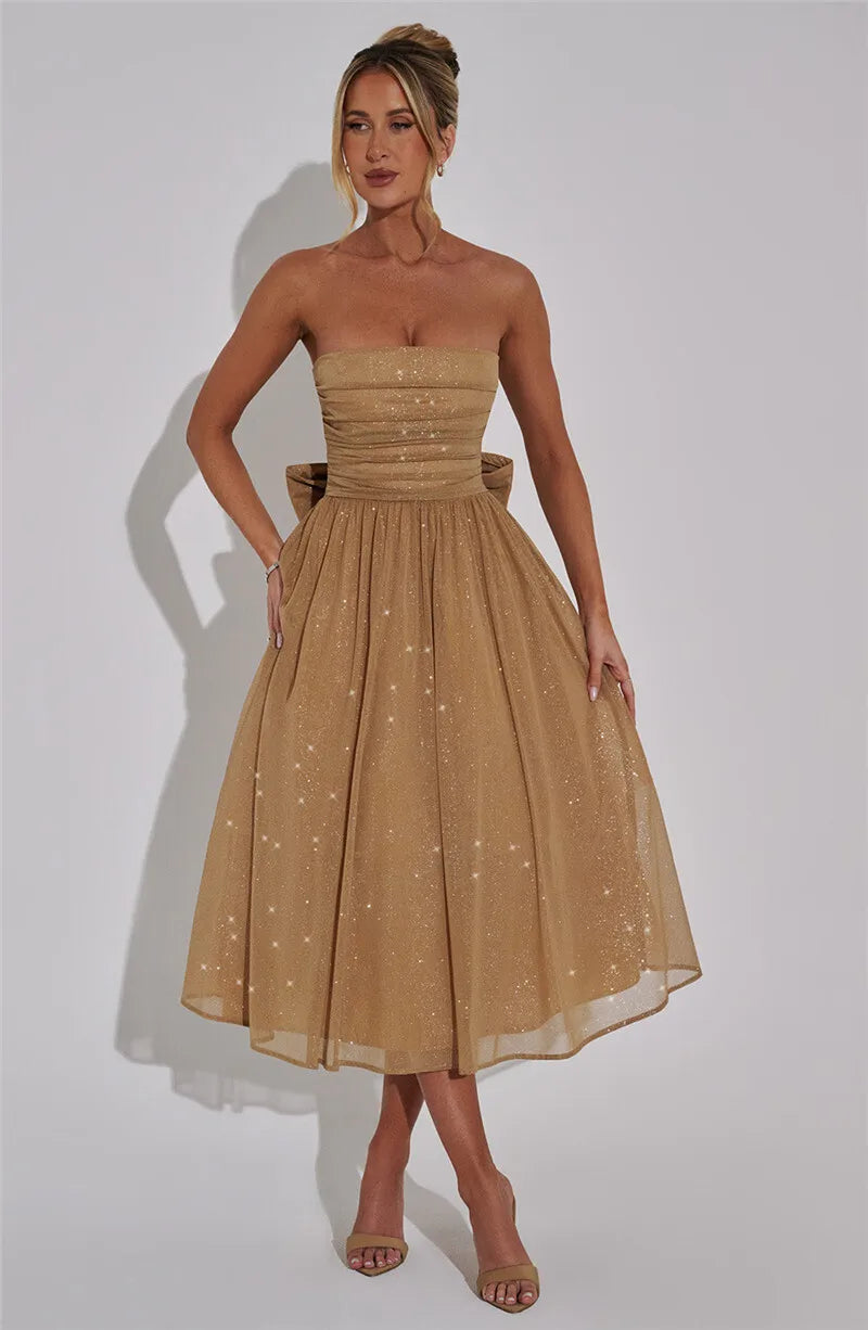 Mozision Off-shoulder Backless Bow Sexy Maxi Dress For Women Strapless Sleeveless A-line Loose Pleated Sexy Long Dress Clubwear