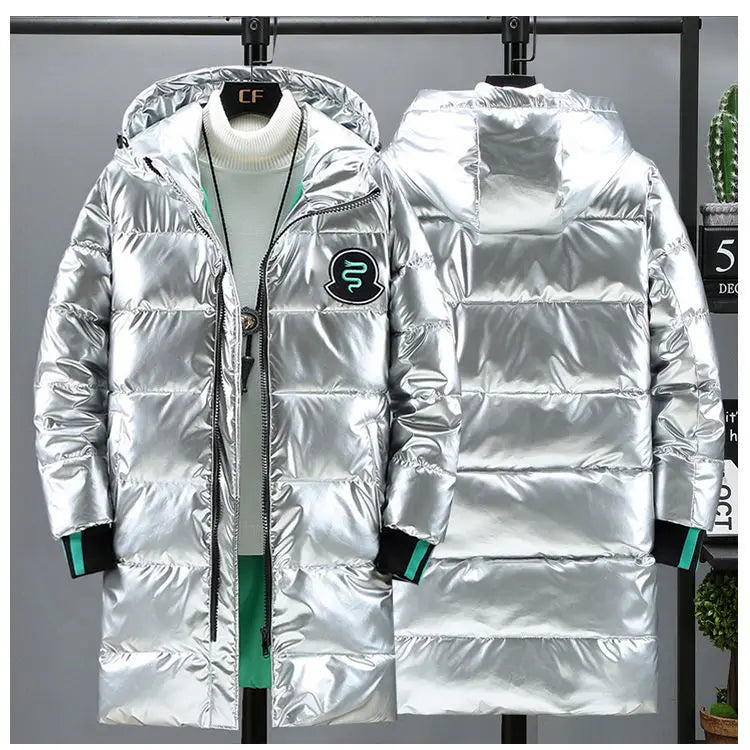 Men's Mid Length Cotton Down Jacket, Thick Down Overcoat, Glossy Coat, Quilted Hoodie, Hat, Winter Trend, Casual, New