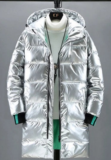 Men's Mid Length Cotton Down Jacket, Thick Down Overcoat, Glossy Coat, Quilted Hoodie, Hat, Winter Trend, Casual, New