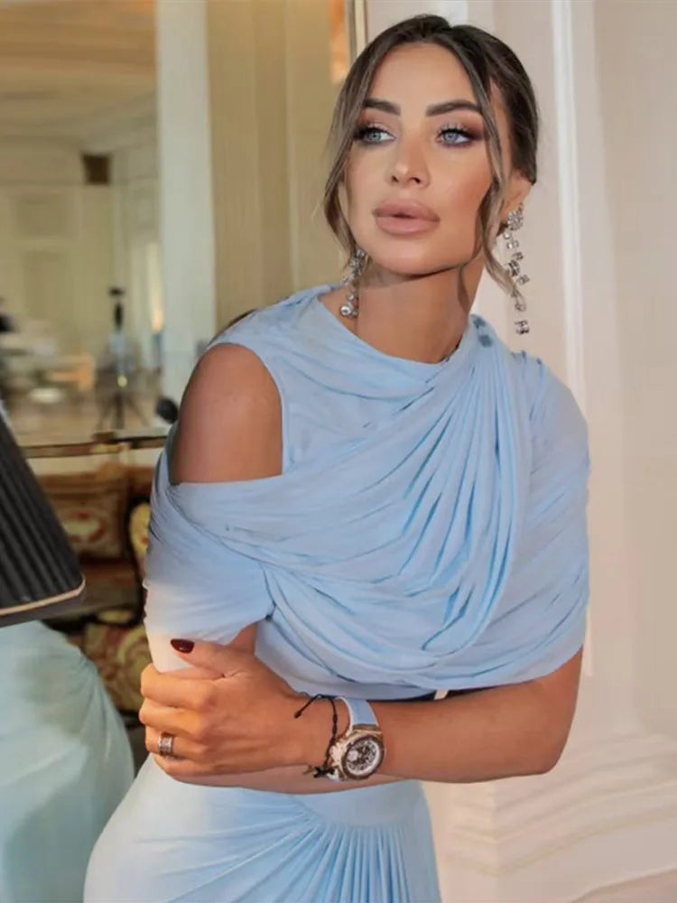 Shawl Long Dress Women Elegant Asymmetrical Chiffon Pleat Slim Waist Maxi Dresses 2025 Summer New Female Evening Party Prom Gown