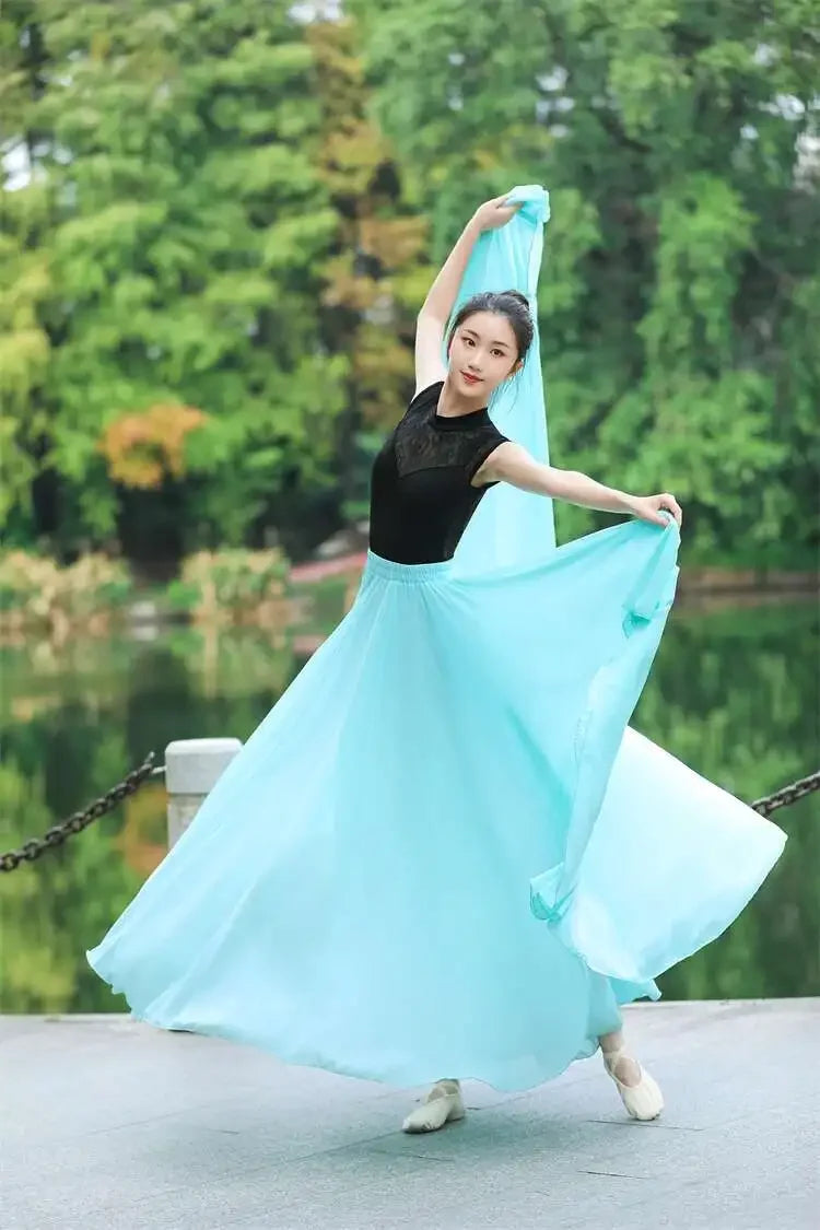 720 Degree Wide Dancing Skirt Chiffon Double Layer Semi-Long Dress Women's Solid Color Xinjiang Dance Skirt