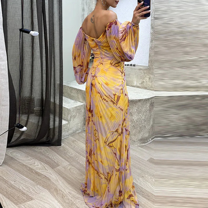 Casual Lantern Long Sleeve Big Hem Long Dress Vintage Tie-dye Print Pleated Party Dress Women Sexy Deep V-neck Waist Split Dress