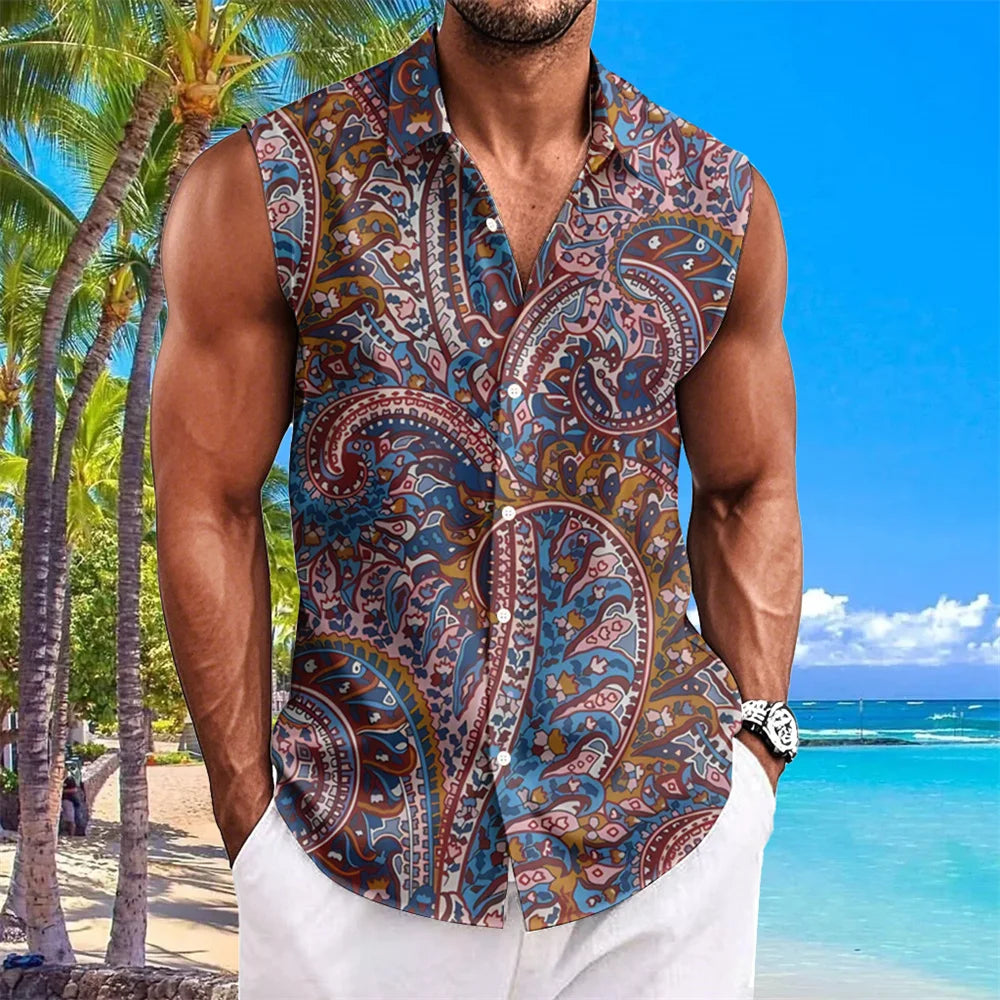 Ethnic Style Men's Shirts Cashew Flower Print Sleeveless Lapel Tops Hawaiian Shirt For Men Casual Vintage Oversized Men Clothing
