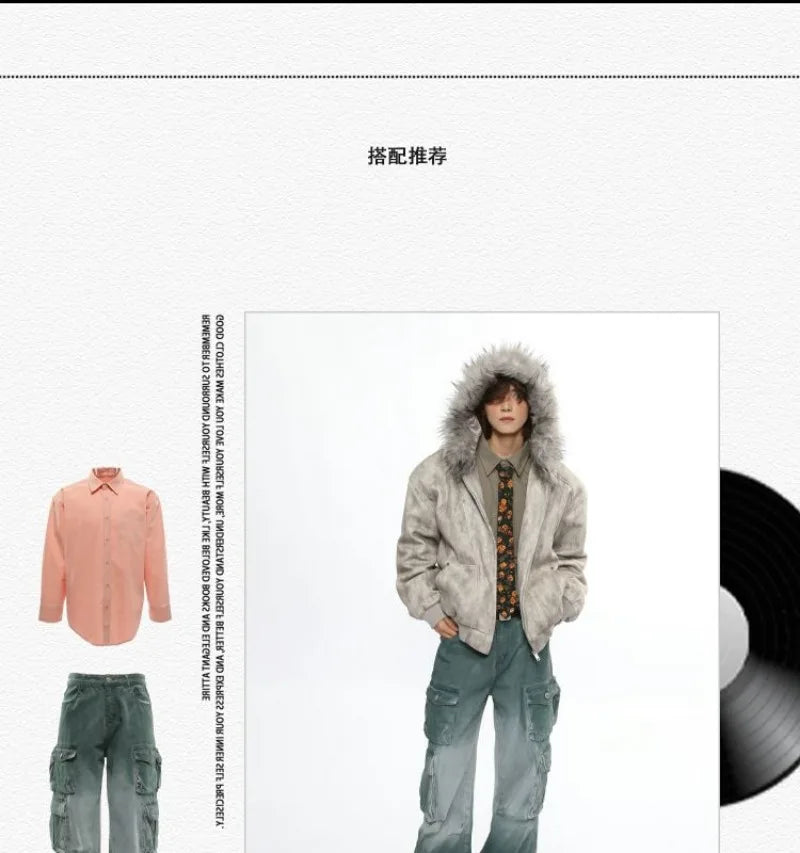Y2K American New Fashion Solid Color Plus Velvet Padded Cotton-padded Jacket Coat Men Harajuku Hip-hop Popular Casual Couples