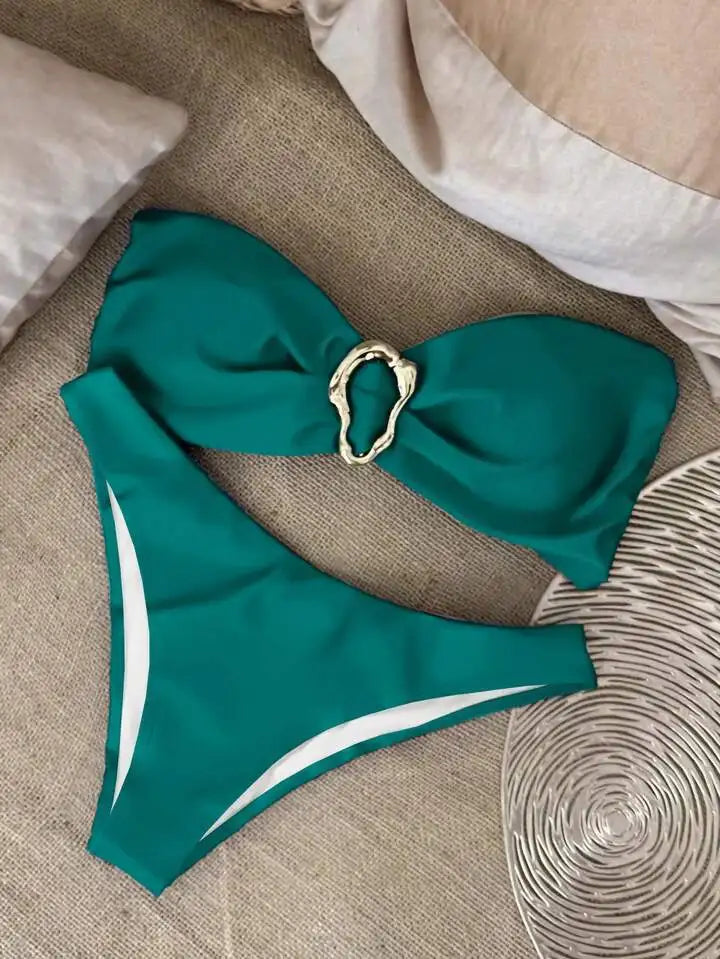 Sexy Solid Strapless Bikini 2 Piece Set Women Split Swimsuit Low Waist Beach Backless Bikini 2025 New Summer Swimwear Bikini Set