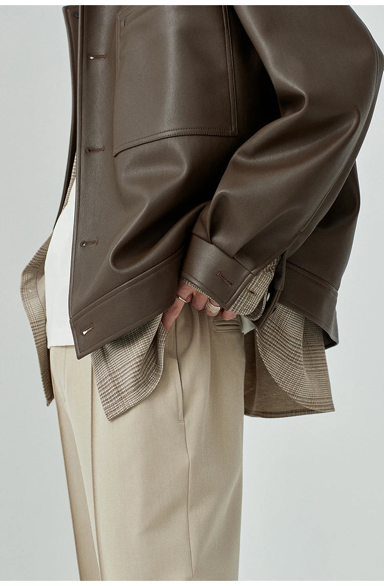 Mauroicardi Spring Autumn Short Oversized Brown Black Soft Faux Leather Jackets for Men Pockets Long Sleeve Korean Fashion 2022