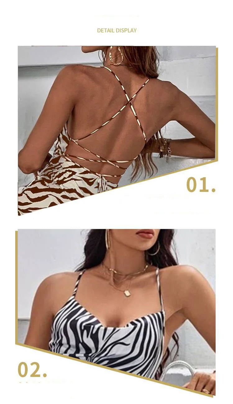 Women Sundress Summer Women Leopard Print Sexy Halter Beach Long Dress Backless Elegant Dresses Casual Resort Style Clothes