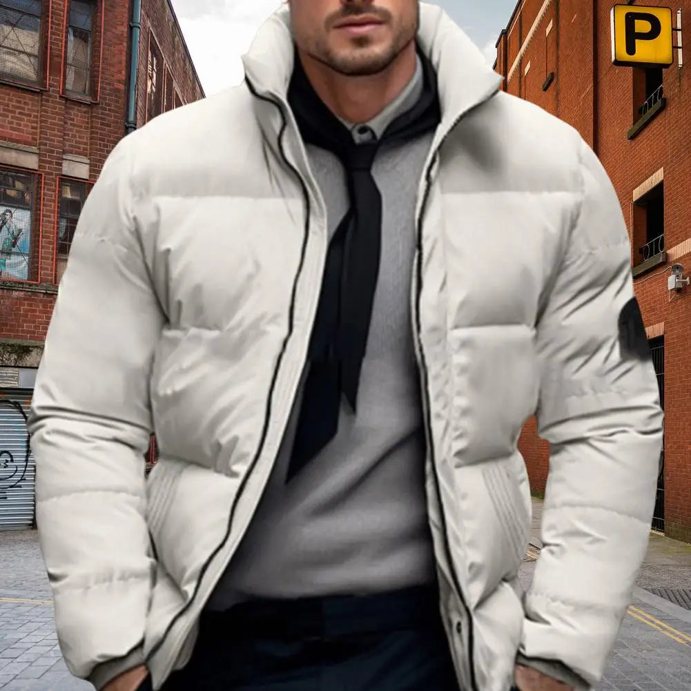Men Quilted Jacket Solid Color Stand Collar Long Sleeve Zipper Closure Cotton Coat Thickened Jacket Down Cotton Puffer Outwear