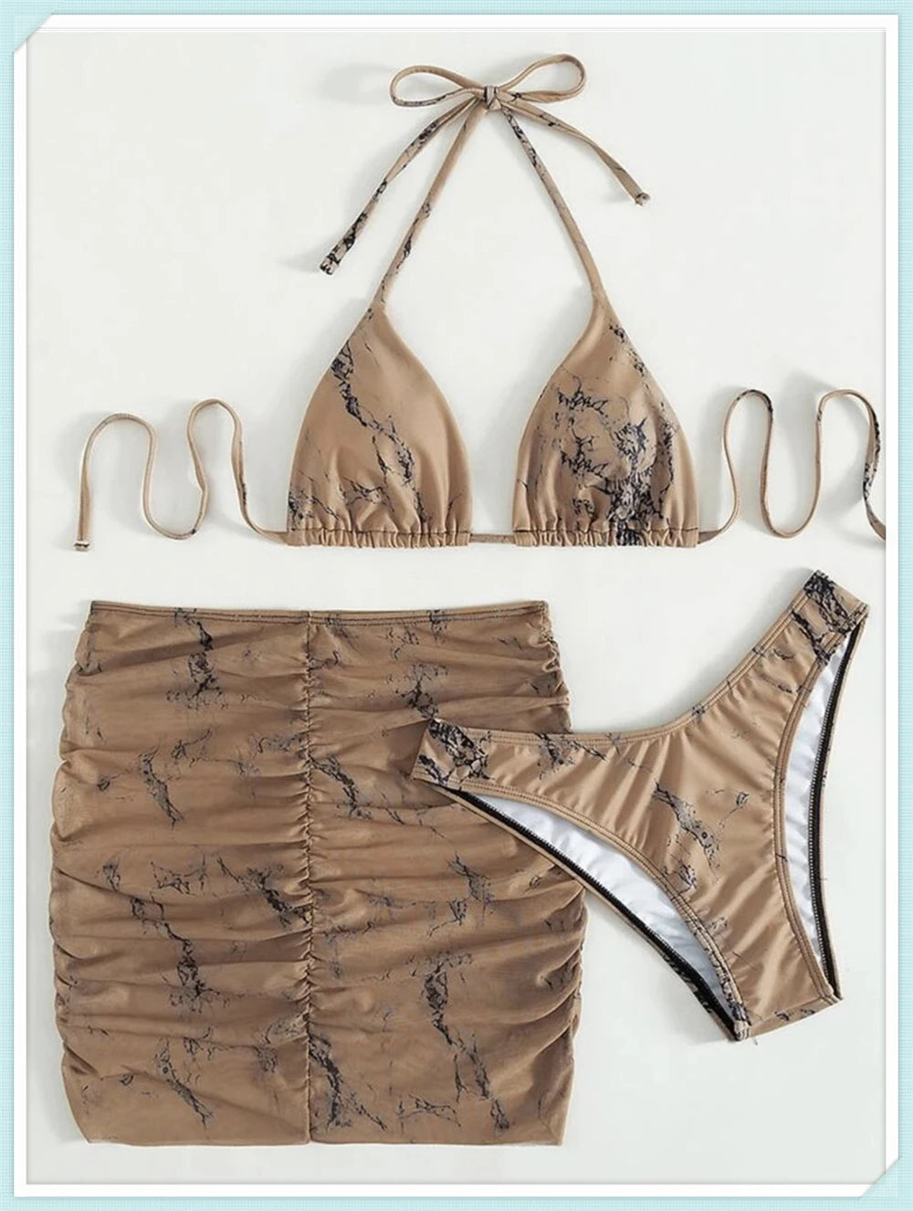 3 Pieces Thong Bikini Set With Skirt Marble texture Bathing Suit Women Swimsuit Set Female Swimwear Beach Wear Swimming Summer