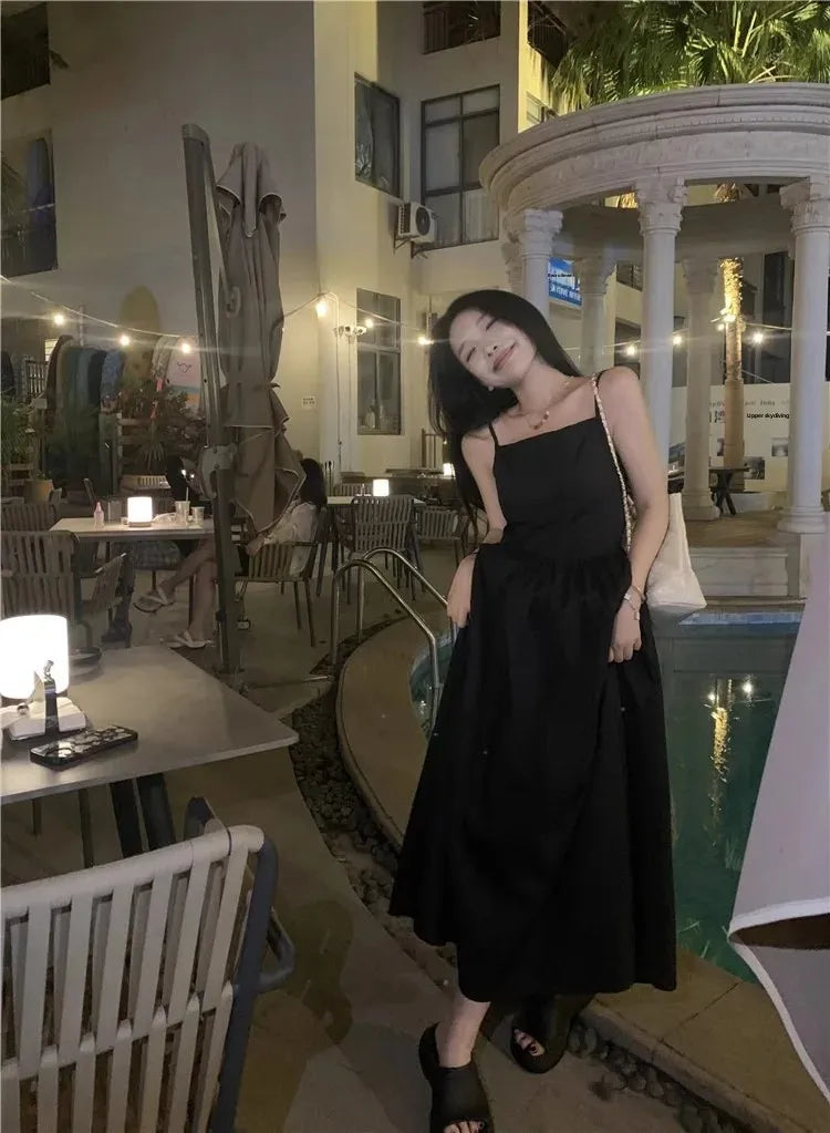 French Style Sexy Open-Back Blue Tank Dress Women's Summer Vacation Beach A- Line Long Dress Beach Vacation Dress