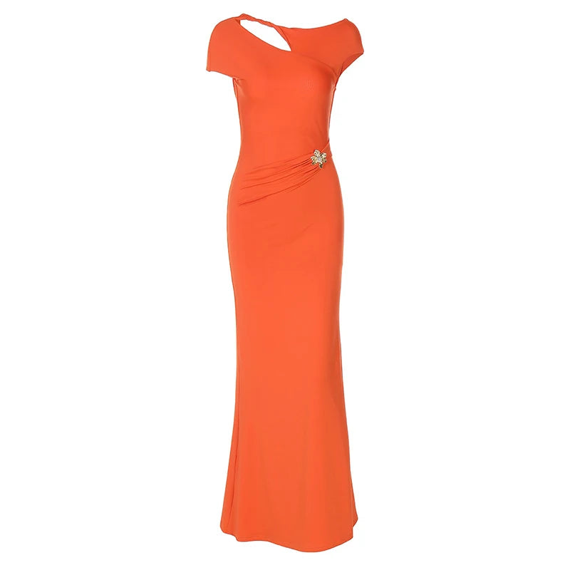 Mozision Hollow Out Backless Sexy Maxi Dress For Women Fashion Metal Buckle Solid Short Sleeve High Waist Slim Fit Long Dress