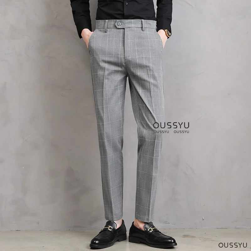 High Quality Summer Thin Plaid Pattern Formal Dress Pants Men Slim Business Work Office Party Korea Skinny Casual Trousers Male
