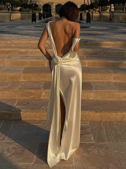 2025 Satin Backless Sexy Long Dress for Women Elegant Rose Thigh High Waist Beach Holiday Gorgeous Club