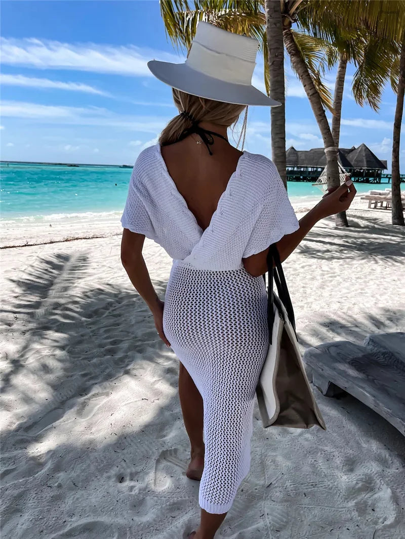 2024 White Crochet Tunic Bikini Cover-ups Sexy Hollow Out Long Dress V neck Women Summer Clothes Beach Wear Knitted Cover Up