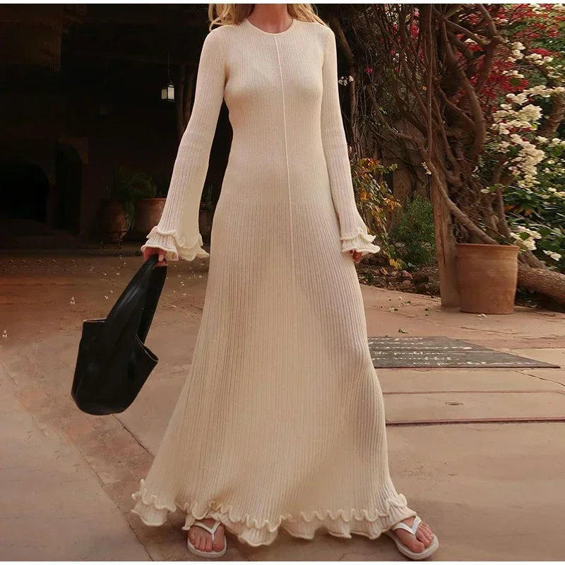 Fashion Ruffled Hem Knitted Long Dress Women Sexy O Neck Flare Long Sleeve Backless Lace Up Slim Dresses Female Vacation Robes