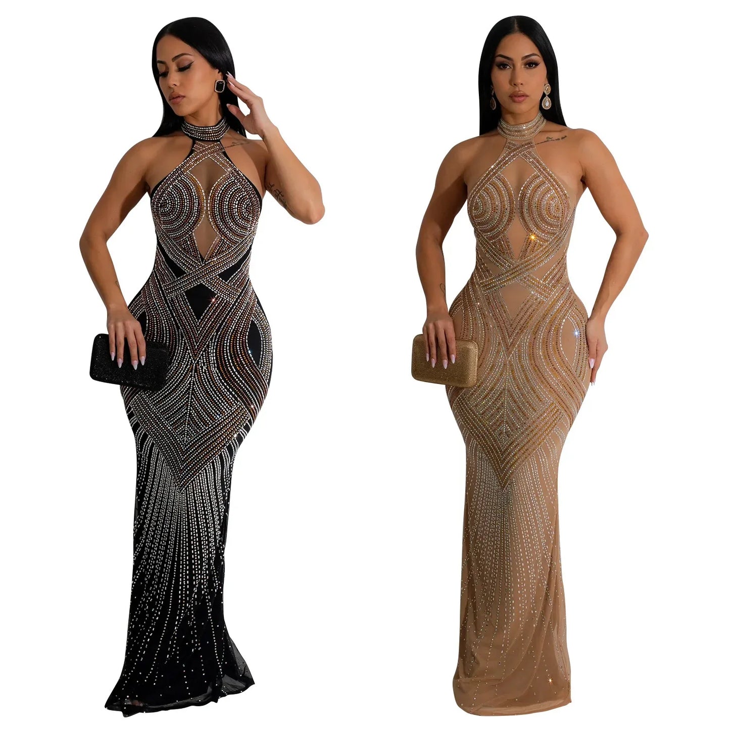 Fashion Women's Wear Solid Color Mesh Hot Rhinestone Halter Maxi Dress Sleeveless Formal Evening Long Dress Skinny Slim