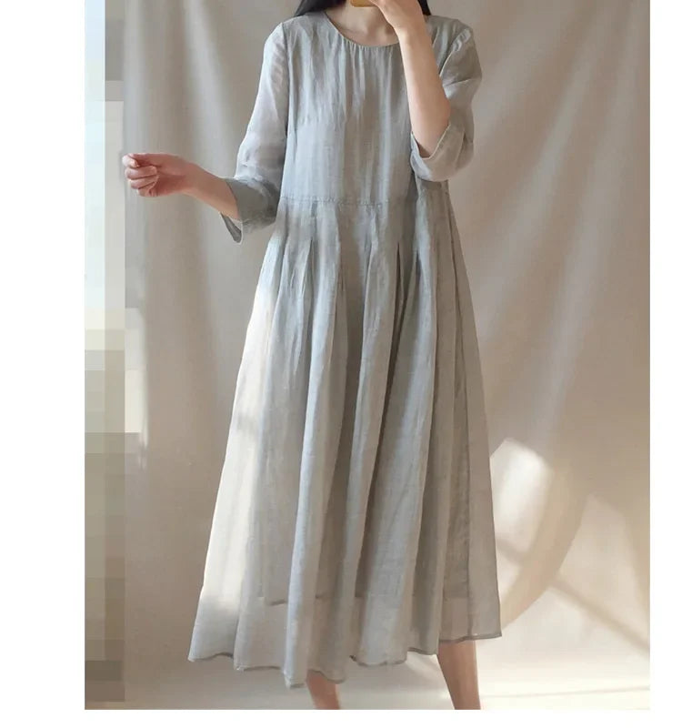 In-stock Korean Lightweight Elegant Dress Artistic Vintage Loose-fit Travel Vacation Long Dress Cotton Linen Women's Clothing