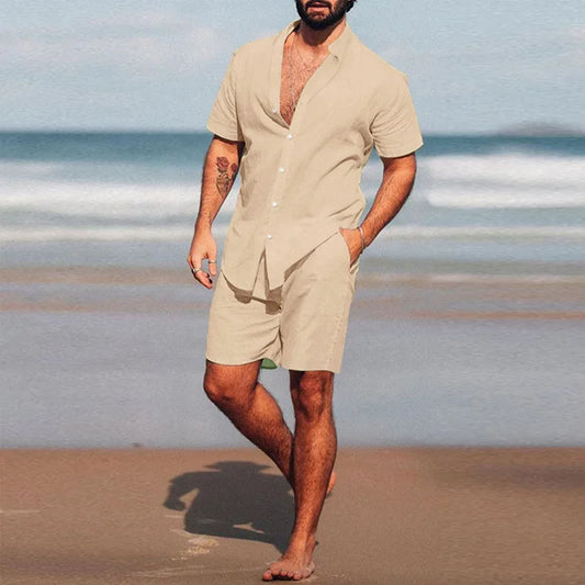 New Men's Hawaiian Set Summer Solid Color Stand Collar Short Sleeve Shirt&Beach Shorts Streetwear High Quality 2-Piece Set 2023
