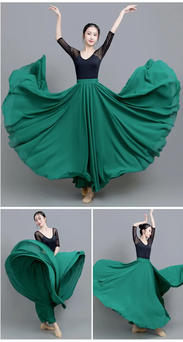 720 Degree Wide Dancing Skirt Chiffon Double Layer Semi-Long Dress Women's Solid Color Xinjiang Dance Skirt